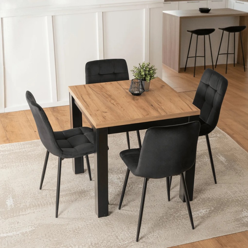 Zestaw Stół Kwadratowy Rozkładany MAX 80-160 cm Dąb Craft/Czarny i 4 Krzesła PERU Czarne Welurowe