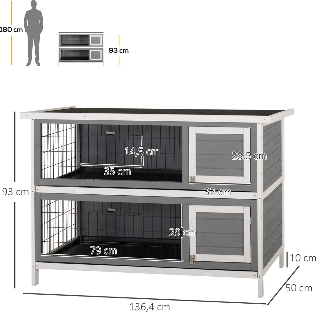 PawHut Klatka dla małych zwierząt dla świnek morskich i królików karłowatych, dwupoziomowa, drewniana, szara