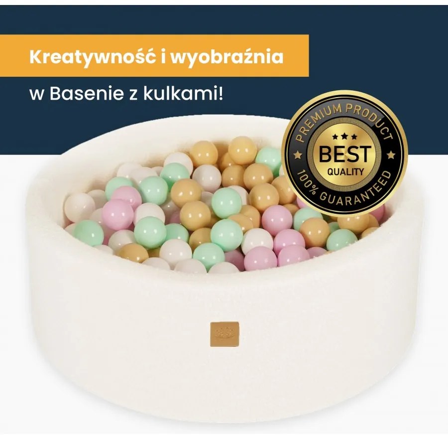 Aesthetic okrągły suchy basen z piłeczkami 7cm dla dziecka, 90x30cm/200 piłek, sztruksowy, ecru, piłki: biała perła - meowbaby®
