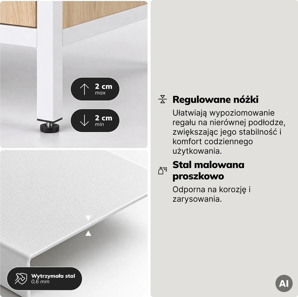 Regał z szufladami do biura, na segregatory i dokumenty, otwarte półki, metalowy, biały/dąb sonoma, 800x2200x400 mm: ARIEL Eco Design