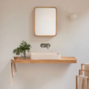 Zestaw Mebli Łazienkowych 130x45 Cm Wiszący Z Drewna Tekowego Neill Drewno Tekowe & Prostokątny Biały Cement - Sklum