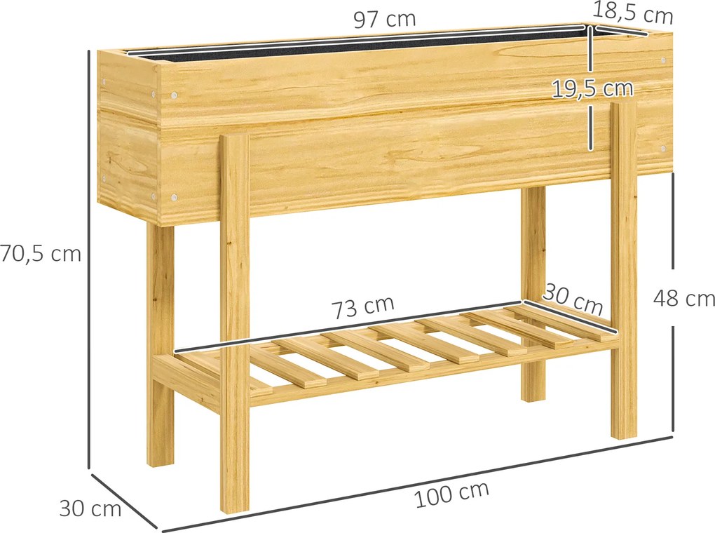 Outsunny Kwietnik z Dolną Półką, Drewniane Grządka z Wyściółką z Włókniny i Otworami Drenażowymi, 100 x 30 x 70,5 cm, Drewno Naturalne