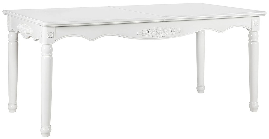 Elegancki biały stół do jadalni rozkładany Abigail 180x100x80 cm, wymiary po rozłożeniu 240x100 cm. Stół ma toczone nogi, jest zdobiony sztukaterią. Stół do salonu. Meble w stylu angielskim Victoria.