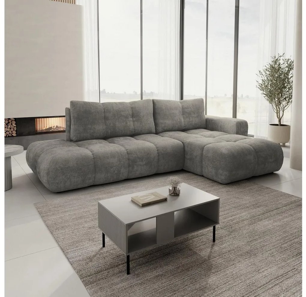 Narożnik rozkładany tapicerowany ALMADA z pojemnikiem, w układzie L, prawostronny, szary