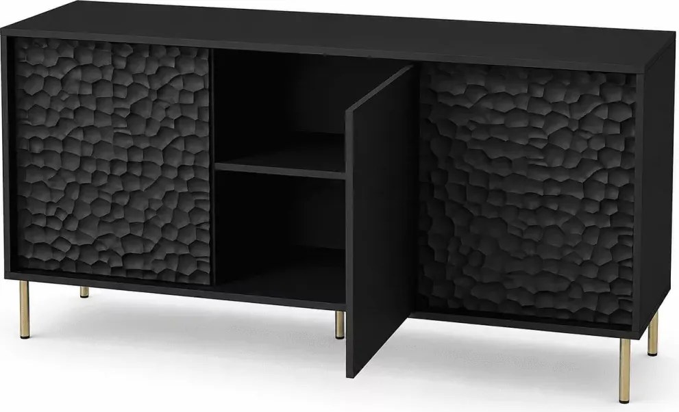 Elegancka komoda PULSET KM-1 w kolorze głębokiej czerni z luksusowymi złotymi nóżkami – nowoczesny mebel do salonu