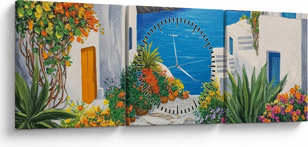 Obraz - Grecka uliczka (z zegarem) (90x30 cm)