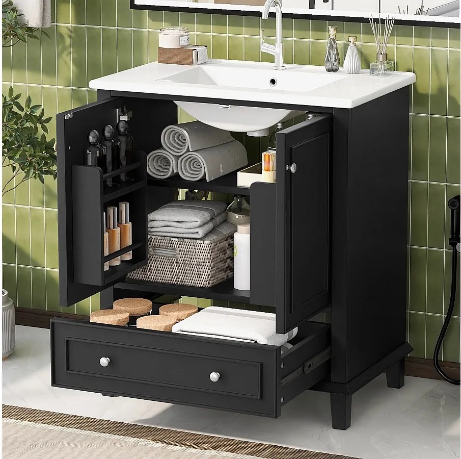 Pojedyncza szafka pod umywalkę ze zintegrowaną umywalką ceramiczną - 73 x 46 x 87 cm - z 1 szufladą i 2 drzwiami - ceramika + MDF - czarna