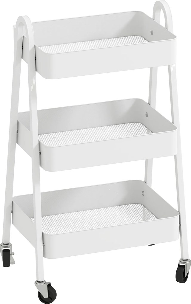 HOMCOM Wózek Serwisowy z 3 Poziomami na Kółkach z Uchwytem i Hamulcem do Kuchni, Biura, Łazienki, Biały