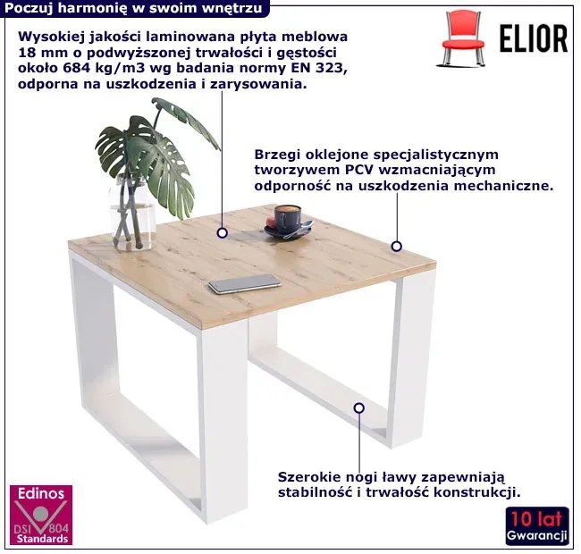 Kwadratowy stolik kawowy do salonu dąb artisan + biały - Fareo 5X