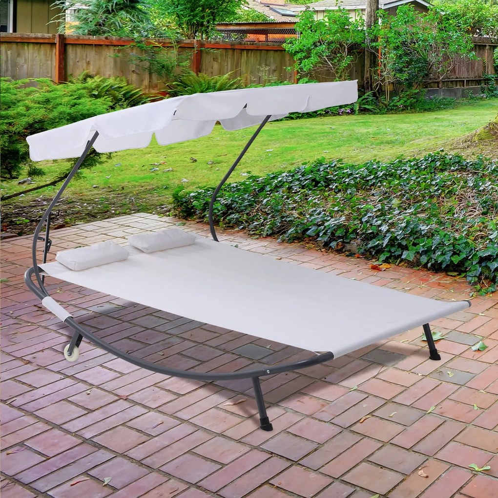Outsunny® Leżak Dwuosobowy Ze Składanym Daszkiem Stal Kremowo-biały
