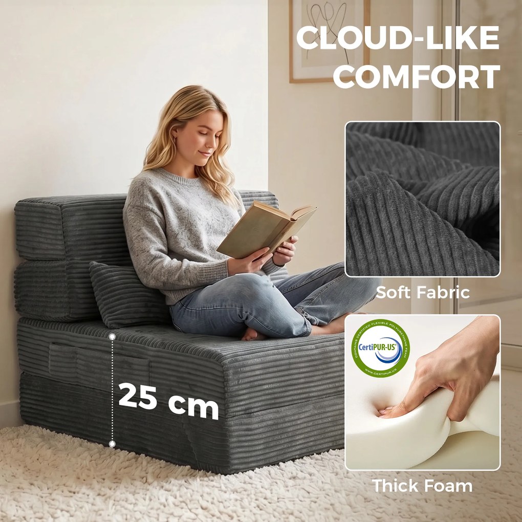 HOMCOM Krzesło podłogowe z oparciem, sztruks Boneless Cloud składana sofa do spania z grubym wypełnieniem, ciemnoszary | Aosom PL