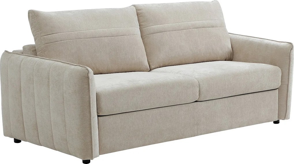 Kanapa  3-osobowa rozkładana typu express z tkaniny teksturowanej beżowej - Powierzchnia spania 145 cm MALOGU