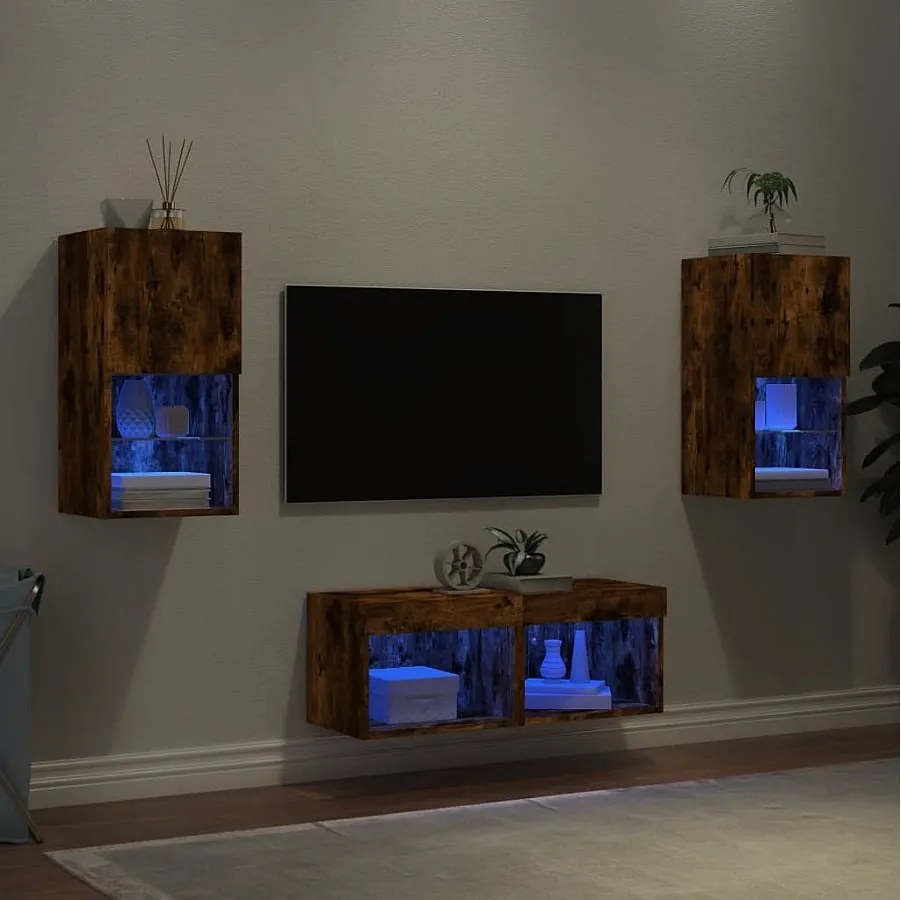 Zestaw Mebli TV Ściennych z Oświetleniem LED Dąb Dymiony 4 Części