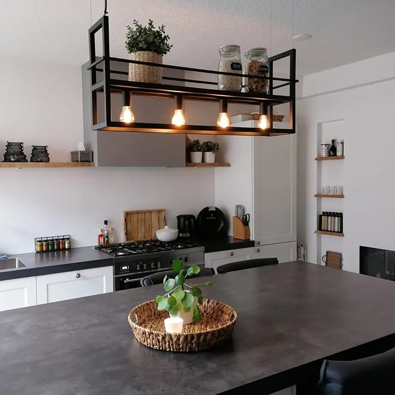 Lampa wisząca czarna z półką 4-światła - Cage Rack Nowoczesny Oswietlenie wewnetrzne