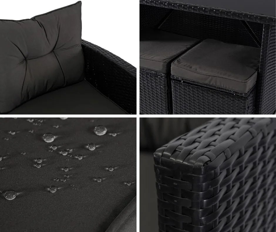 Zestaw mebli ogrodowych Dallas - narożnik, pufy i stół obiadowy, czarny/ciemnoszary
