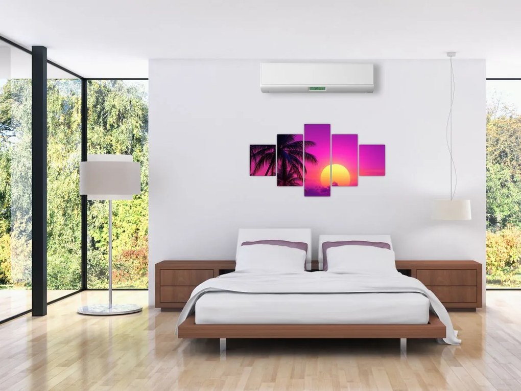 Obraz - Fioletowy zachód słońca z palmą (125x70 cm)