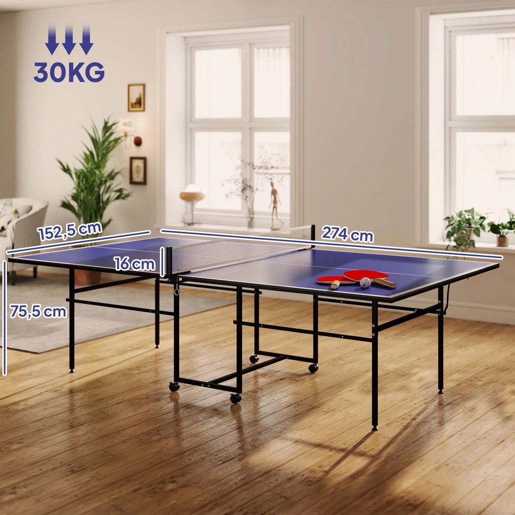 SPORTNOW Stół do tenisa stołowego, składany, przenośny, 2 rakiety, 3 piłki, rama metalowa, 274x152,5x76 cm, Niebieski