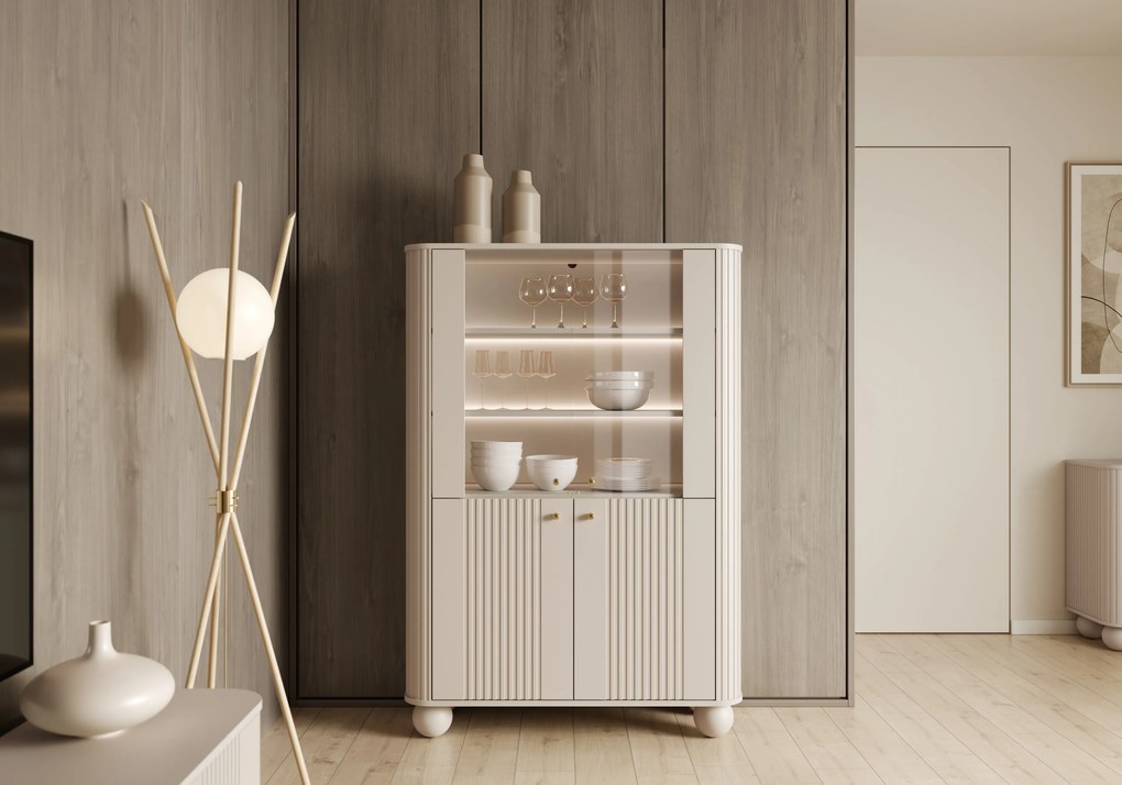 Witryna Vesper 103 cm czterodrzwiowa - kaszmir / złote uchwyty / nogi kule