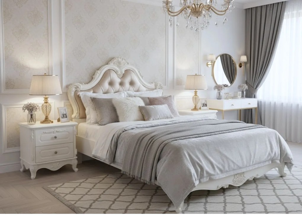 Stylowa szafka nocna Amenite, o wymiarach 60x55 cm, w kolorze ecru. 2 szufladki, ozdobne fronty, cokół, gałki. Styl francuski, kolekcja La Perle.