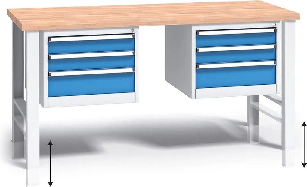 Stół warsztatowy z regulacją wysokości G3, 1700 x 685 x 840-1050 mm, 2x 3 szufladowy kontener, niebieski