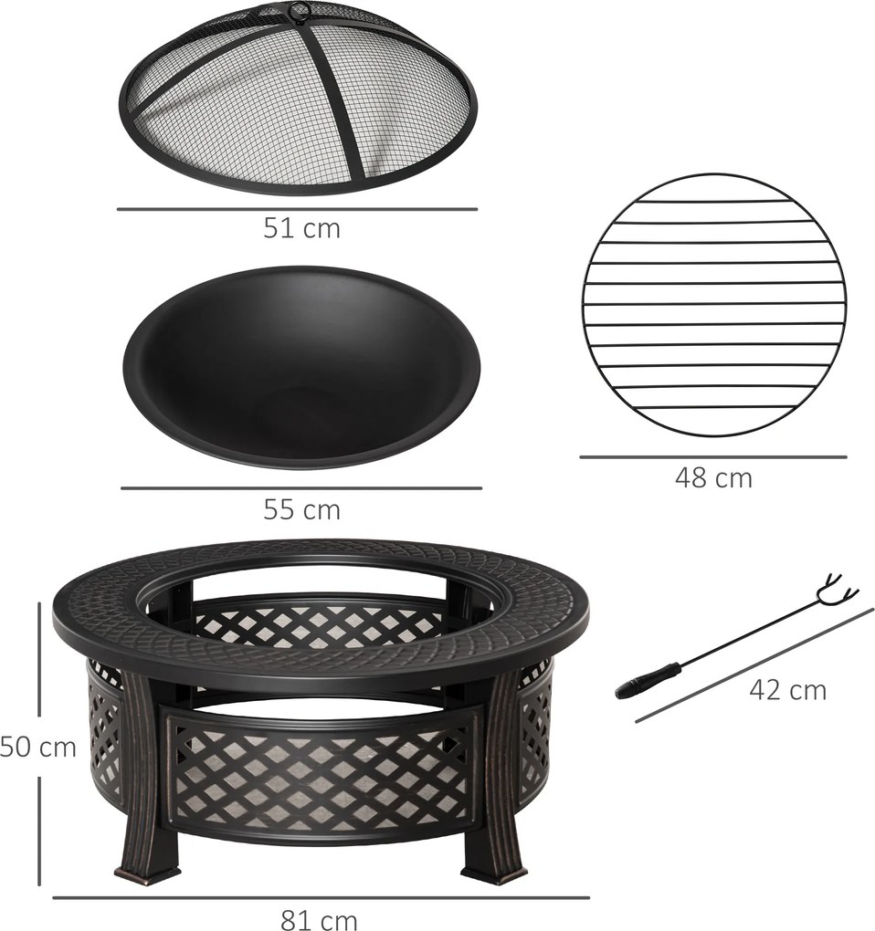 Outsunny Misa Paleniskowa Stalowa z Pogrzebaczem i Osłoną Iskier Idealna na Kemping i Grill Czarna 81x81x50cm | Aosom PL