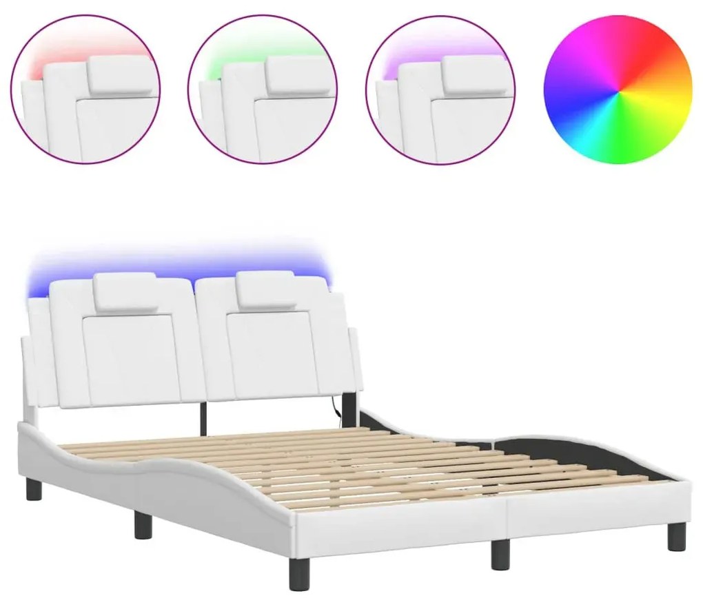 Białe łóżko z ekoskóry z kolorowym oświetleniem LED 140x200 - Izmo 5X