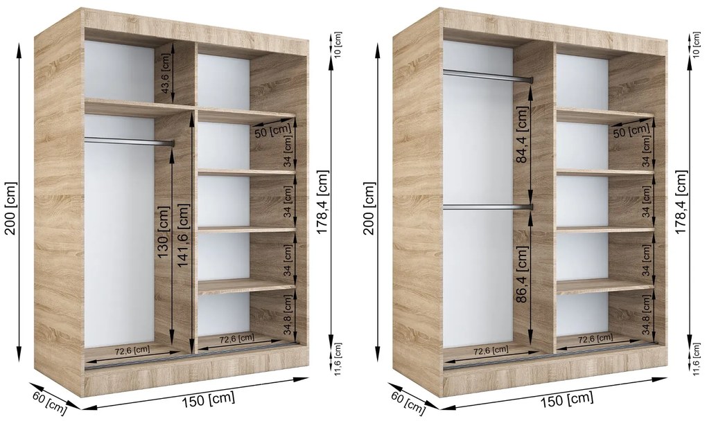 Szafa przesuwna MODUO COMFORT 150 dąb sonoma/antracyt z dwoma lustrami MKPOL