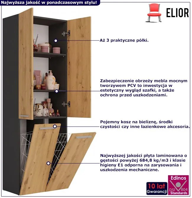 Szafka łazienkowa z koszami antracyt + dąb artisan W3-G24