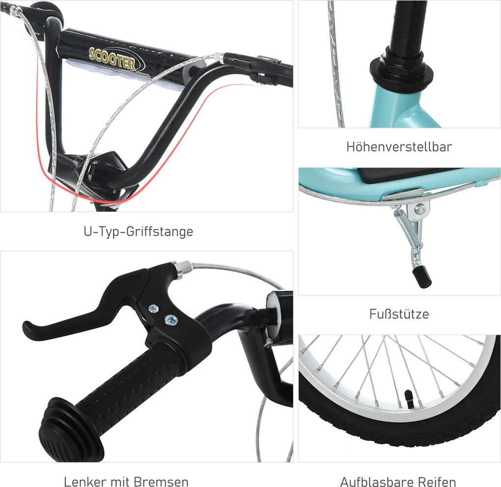 HOMCOM Hulajnoga dziecięca, miejska, 16/12 cali, niebieska, aluminiowa, 139x58x88-94cm | Aosom PL