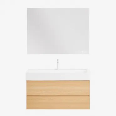Zestaw Wiszących Mebli Łazienkowych Z Drewna I Forniru Jesionowego Zintegrowany Z Umywalką Ona Naturalna & Prostokątny Led - Sklum