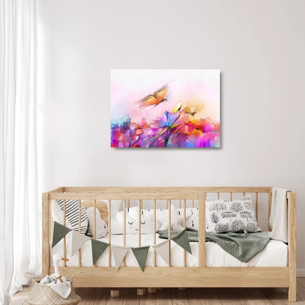 Obraz na szkle - Motyl nad kwiatem, abstrakcja (70x50 cm)