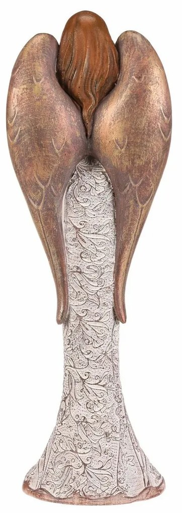 Anioł z poliresinu w sukni w kwiaty Serce, brązowo-miedziany