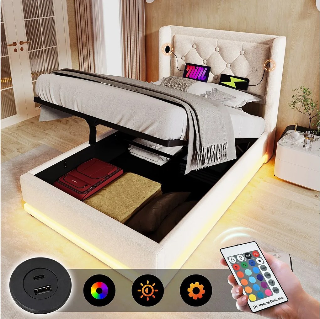 Łóżko ze schowkiem 90x200 cm, beżowa bawełna, łóżko młodzieżowe z diodą LED i ładowaniem przez USB, bez materaca