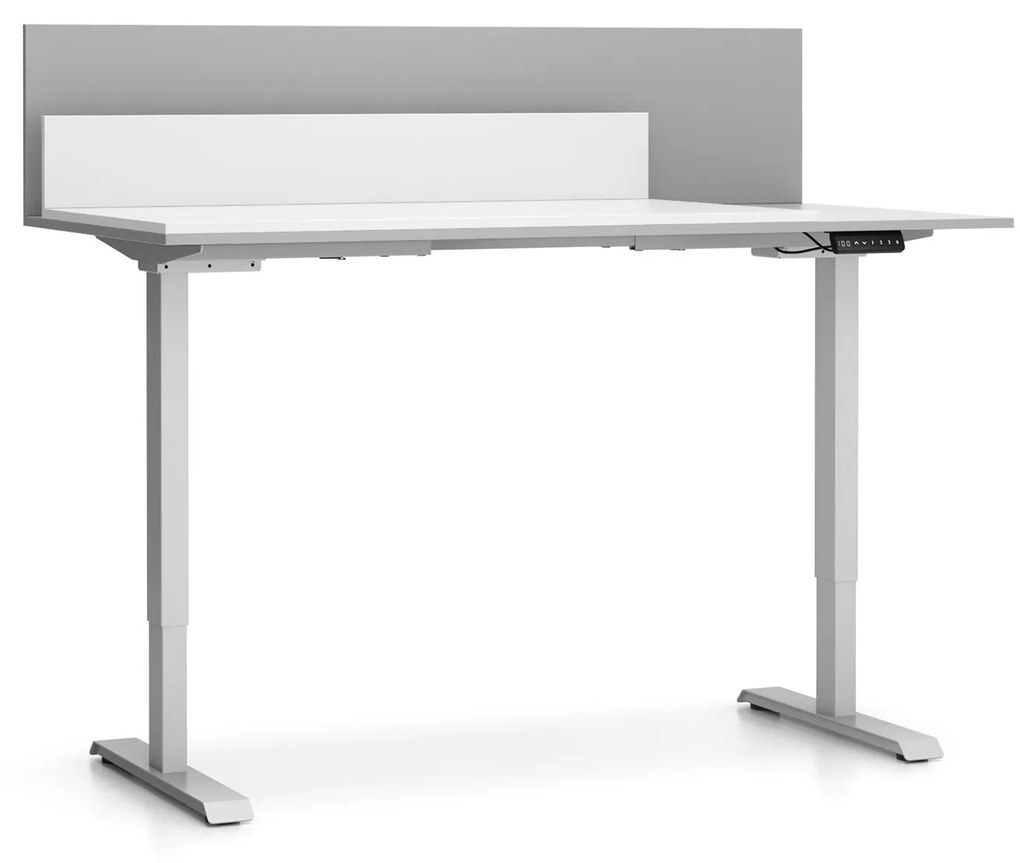 Biurko SINGLE LAYERS, przesuwny blat, z przegrodami, regulowane nogi, biały/szary