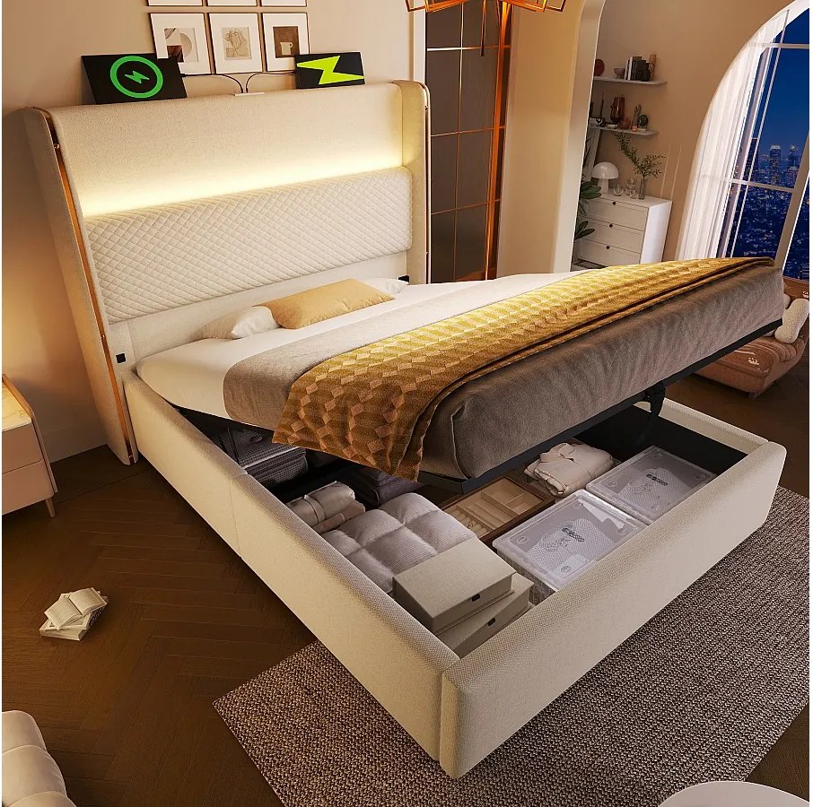 Łóżko dziecięce z pojemnikiem 90x200 cm z portem USB i LED, zagłówek wyściełany - len beżowy (bez materaca)