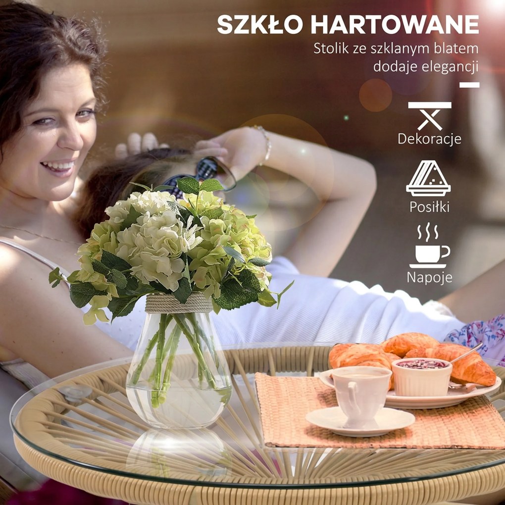 Outsunny Stolik Ogrodowy Boho PE-Rattan Hartowane Szkło Beżowy Odporność na Warunki Atmosferyczne | Aosom PL
