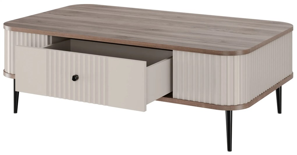 Stolik kawowy z szufladą Vesper 103x60 cm - kaszmir / orzech / czarne nogi