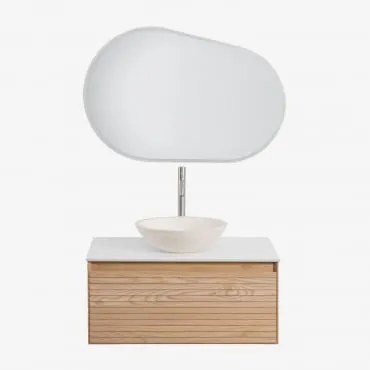 Zestaw Wiszących Mebli Łazienkowych Z Drewna Jesionowego Tedrik Popielaty Brąz & Cement Okrągły Biały Ø40 - Sklum