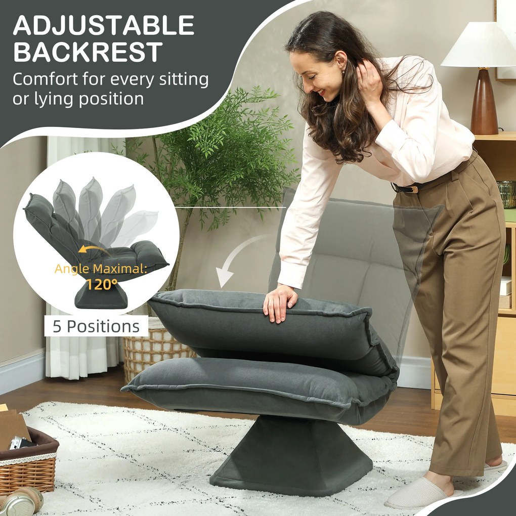 HOMCOM Krzesło podłogowe z pięciostopniową regulacją oparcia, obrotowe, nowoczesne krzesło tapicerowane, Ciemnoszary