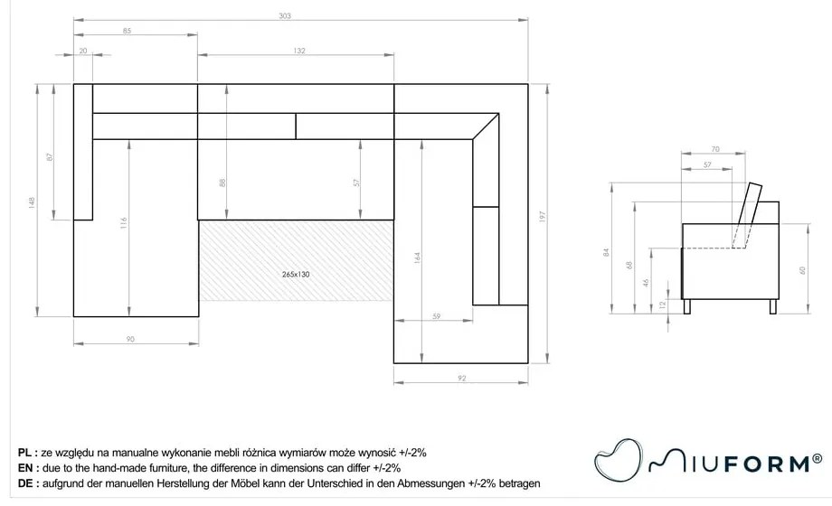 Ciemnoszara aksamitna rozkładana sofa w kształcie litery "U" Miuform Lofty Lilly, lewostronna