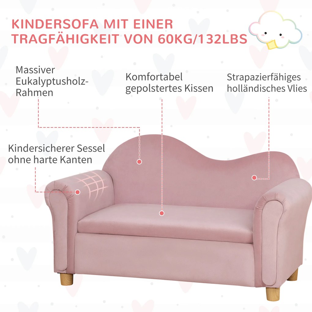 HOMCOM Sofa Dziecięca z Przestrzenią Do Przechowywania 84x415x485cm Różowa | Aosom PL