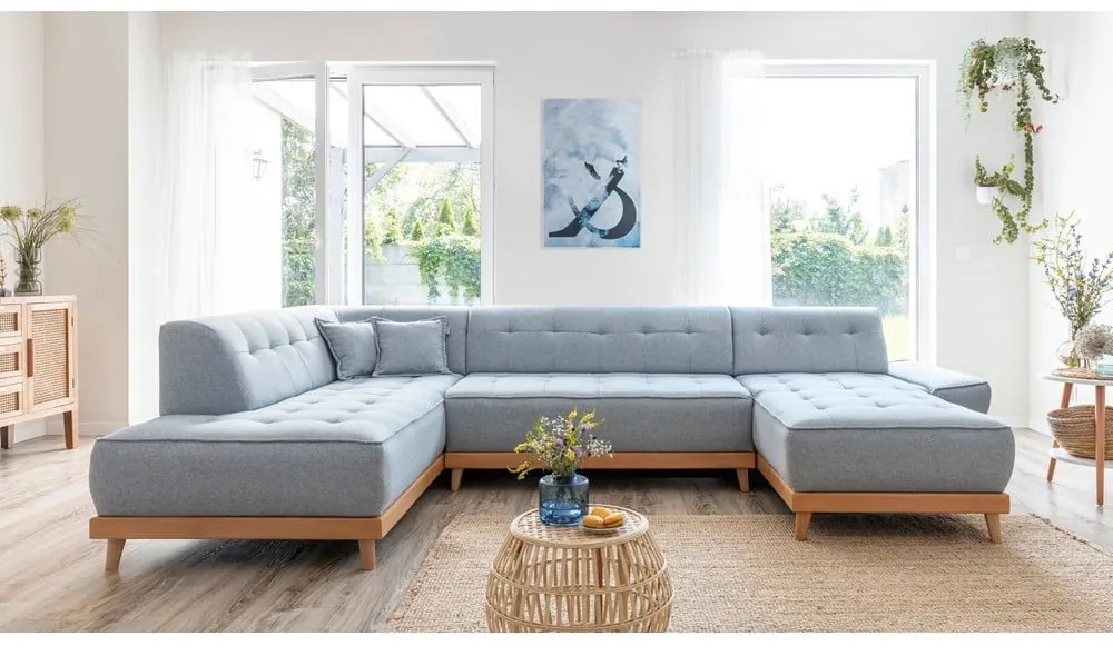 Jasnoniebieska rozkładana sofa w kształcie litery "U" Miuform Dazzling Daisy, lewostronna