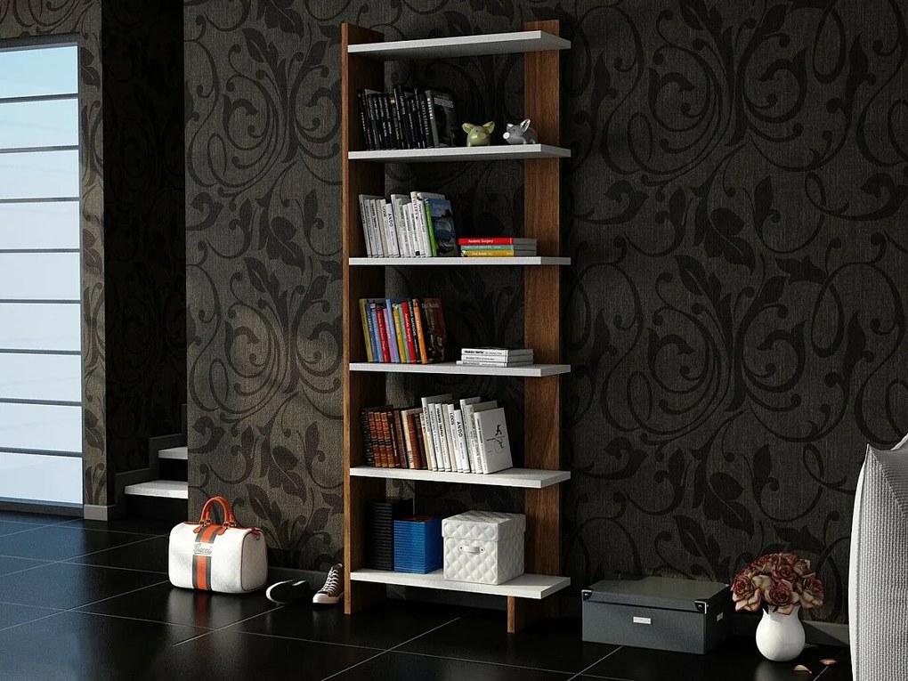 Nowoczesny regał na książki – 46,8 x 21,3 x 170 cm – Kolor biały i orzechowy – Płyta wiórowa pokryta melaminą