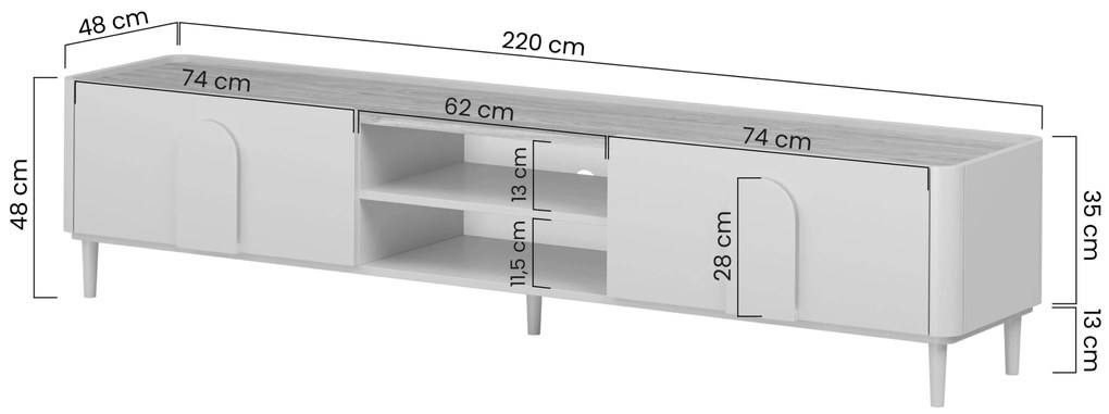 Szafka RTV Amilio 220 cm z szufladą na nóżkach - kaszmir / dąb olejowany / uchwyty dąb jasny