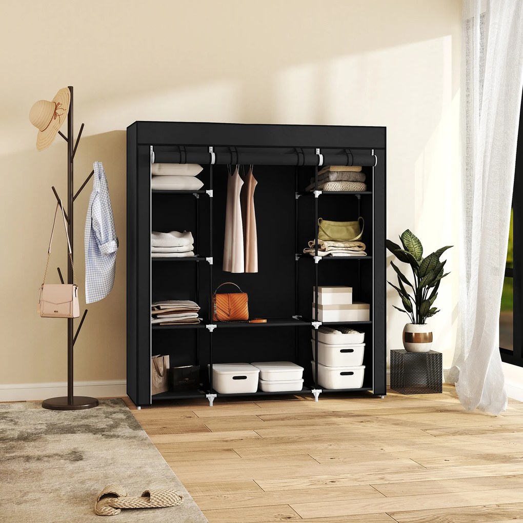 HOMCOM Szafa z włókniny Czarna Składana z 9 półkami i wieszakiem na ubrania 150x43x1625cm | Aosom PL