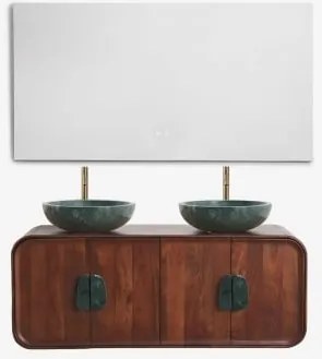 Zestaw Podwójnej Wiszącej Szafki Łazienkowej 130x45 Cm Z Drewna Mango I Naturalnego Kamienia Kivalina Zielony Marmur Udaipur - Sklum