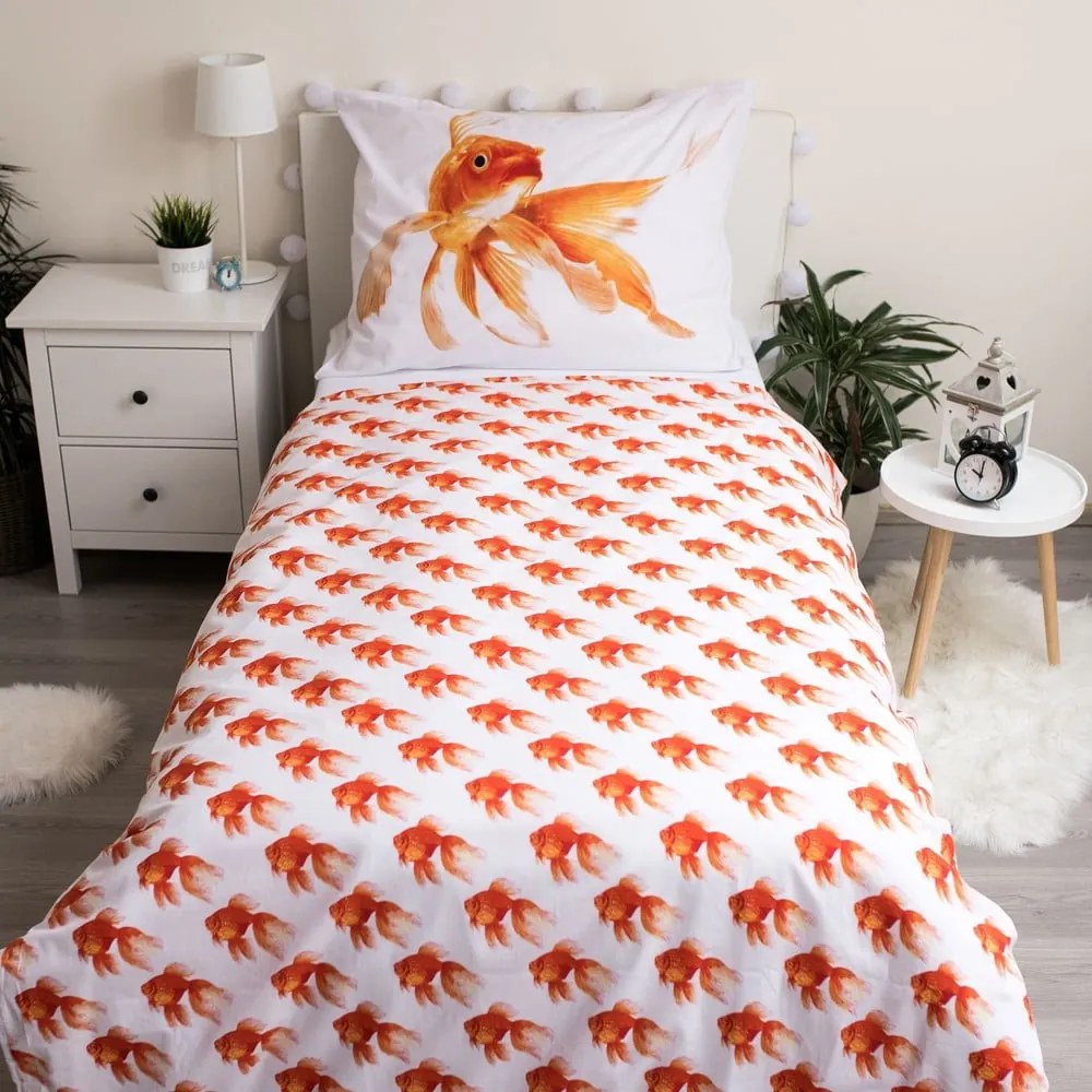 Biało-pomarańczowa bawełniana pościel dziecięca jednoosobowa 140x200 cm Goldfish – Jerry Fabrics