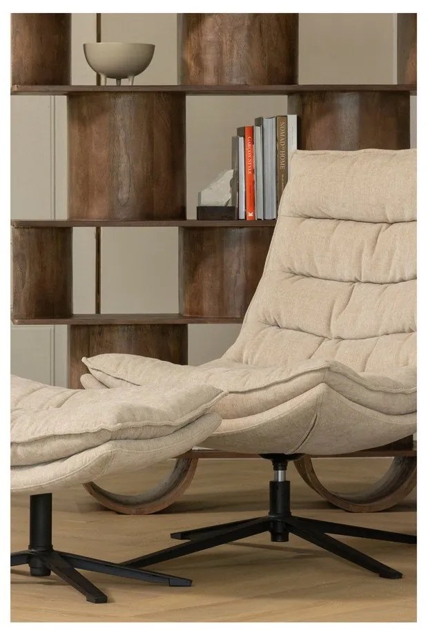 Obrotowy fotel z podnóżkiem z tkaniny szenilowej w naturalnym kolorze Kube – WOOOD