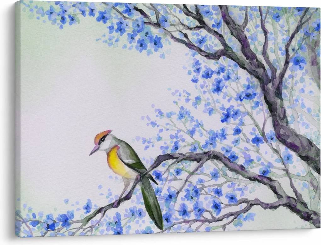 Obraz - ptak na drzewie z niebieskimi kwiatami (70x50 cm)