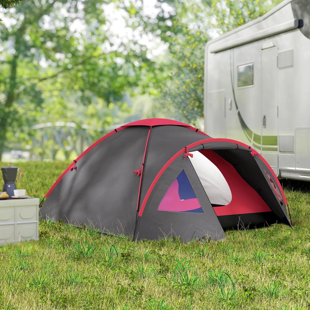 Outsunny Lekki Namiot Campingowy dla 3 Osób, Stabilny, Wodoodporny, UV 50+ z Przedsionkiem, Drzwi, Okna, Szary